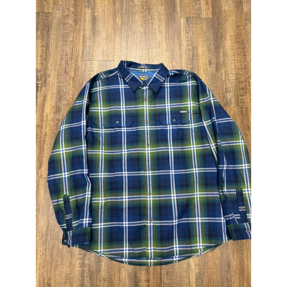 Eddie Bauer Mens 2XL Classic Fit Plaid Button Up Shirt Blue Green Long Sleeve